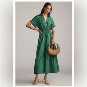 Anthropologie Somerset Maxi in Aged Jadeite Green & White Cotton Shirt Dress XL